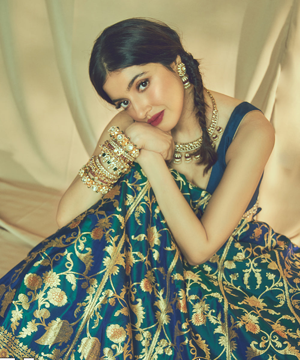 Divya Khosla In Peacock Blue Handloom Katan Silk Banarasi Lehenga Stitched