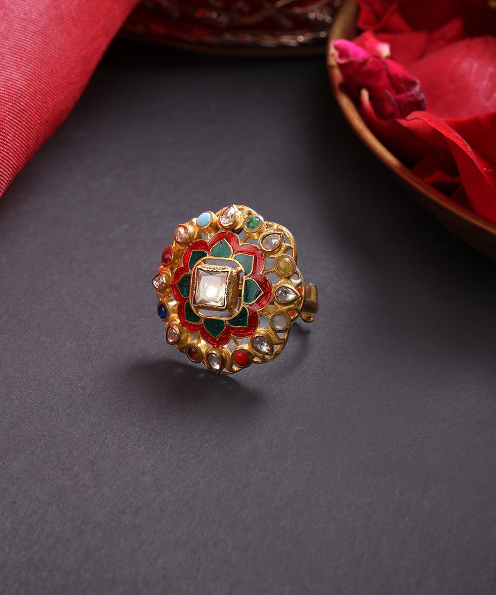 Amala_Handcrafted_Pure_Silver_Floral_Motif_Ring_With_Semi_Precious_Stones_WeaverStory_01