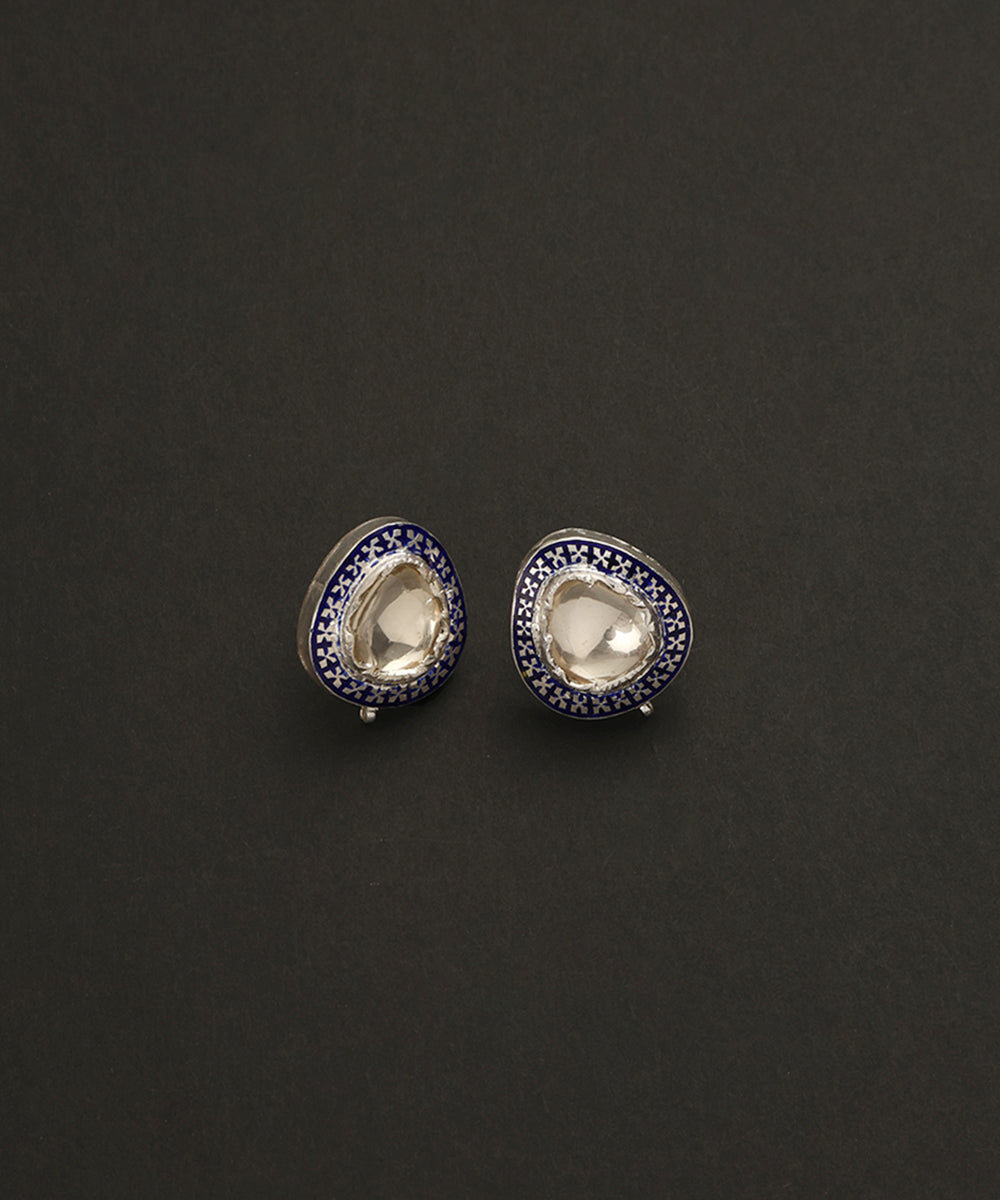 Omera_Handcrafted_Pure_Silver_Moissanite_Polki_Studs_With_Glass_Enamel_WeaverStory_02