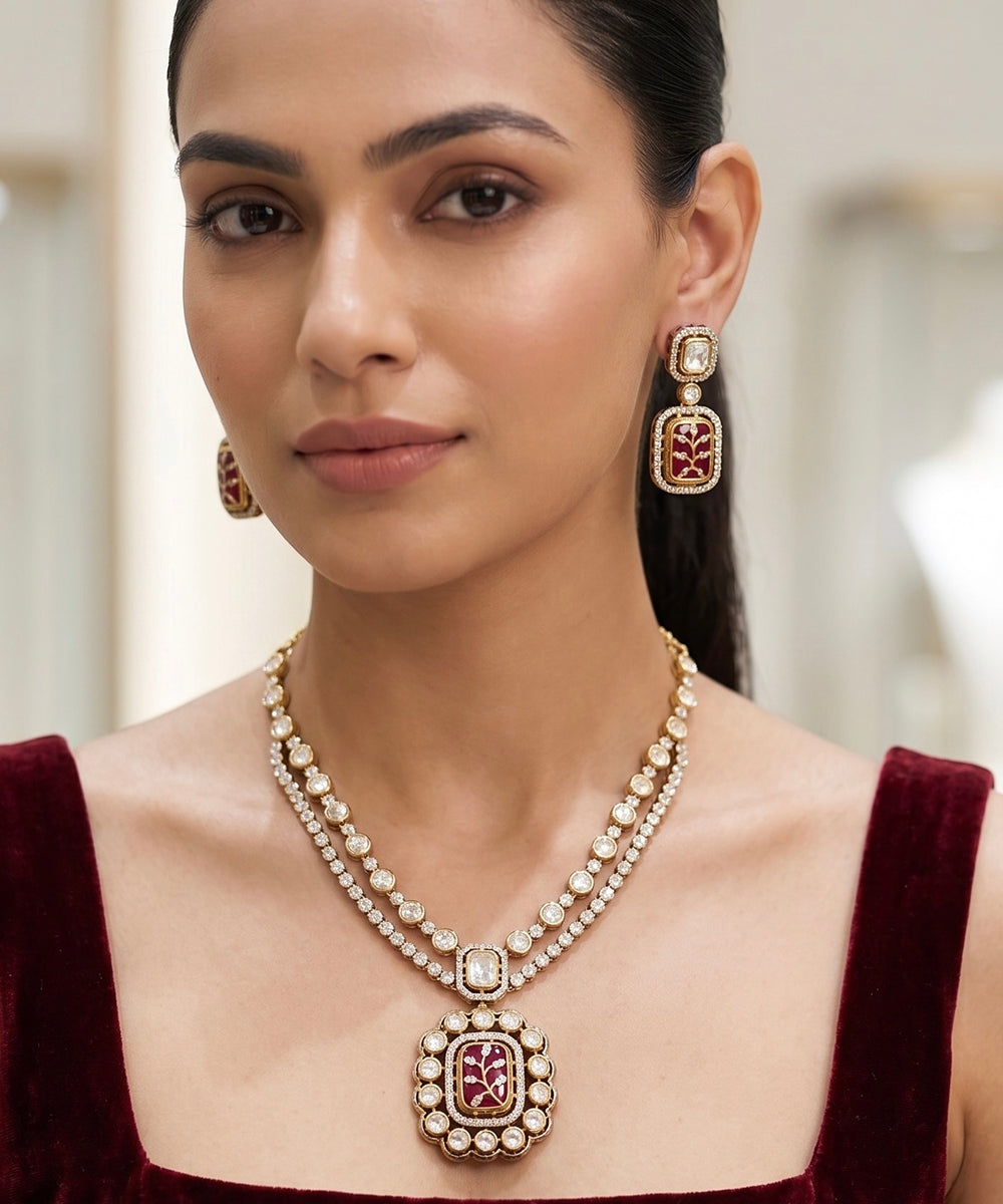 Red Polki Floral Necklace Set