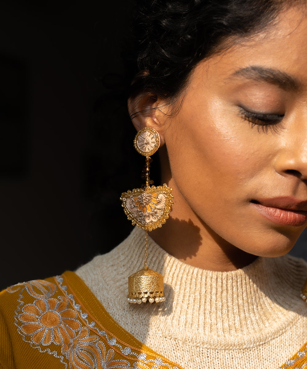 Traditional_Gold_&amp;_Pearl_Filigree_Statement_Jhumka_Earrings_WeaverStory_01
