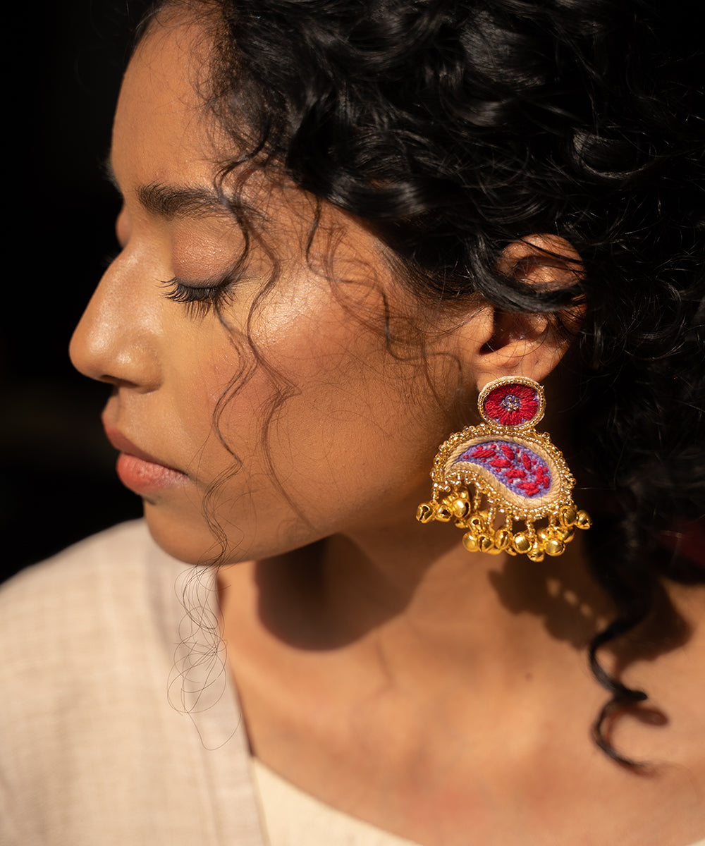 Hand-Embroidered_Red_&amp;_Purple_Paisley_Earrings_With_Gold_Bead_Fringe_WeaverStory_02