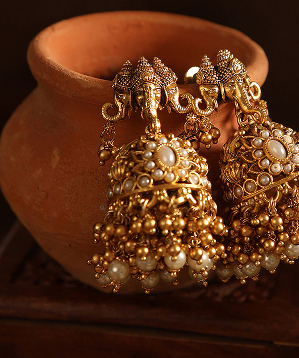 Dinis Handcrafted Jhumka With Pearls And Ganesha Motifs Jewellery