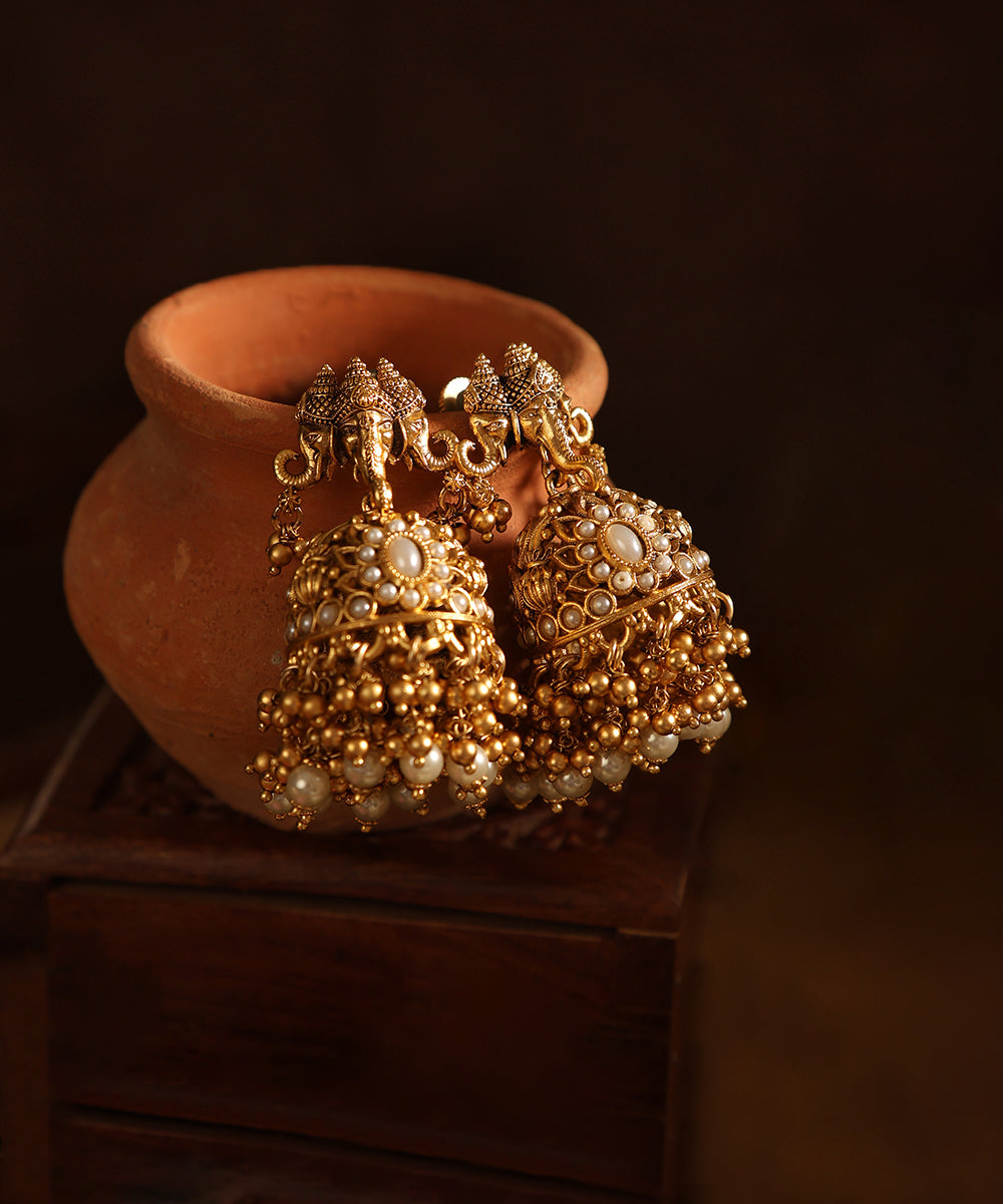 Dinis Handcrafted Jhumka With Pearls And Ganesha Motifs Jewellery