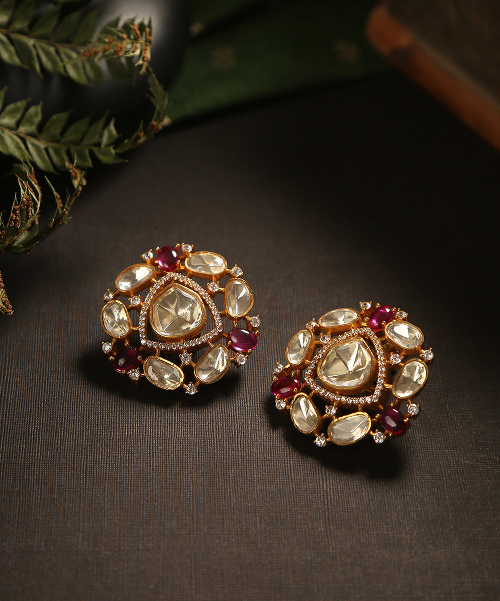 Aakrama_Handcrafted_Studs_With_Moissanite_Polki_And_Maroon_Stones_WeaverStory_01