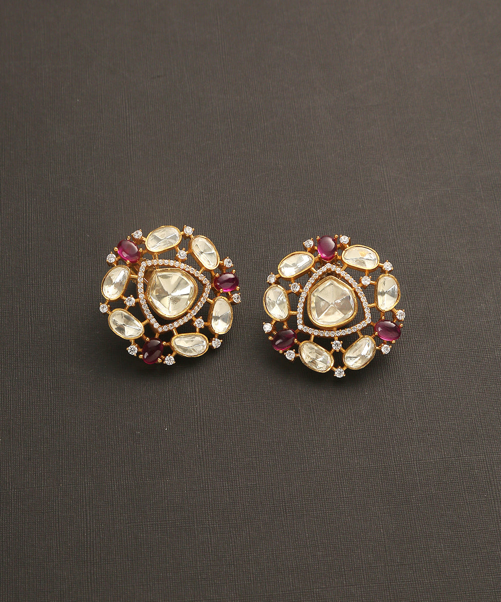Aakrama_Handcrafted_Studs_With_Moissanite_Polki_And_Maroon_Stones_WeaverStory_02
