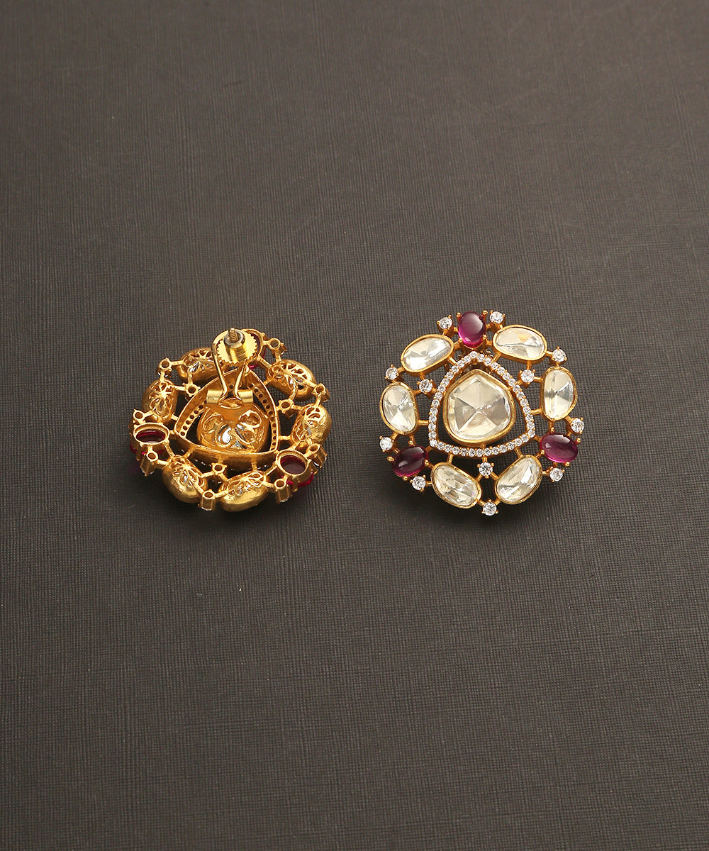 Aakrama_Handcrafted_Studs_With_Moissanite_Polki_And_Maroon_Stones_WeaverStory_03