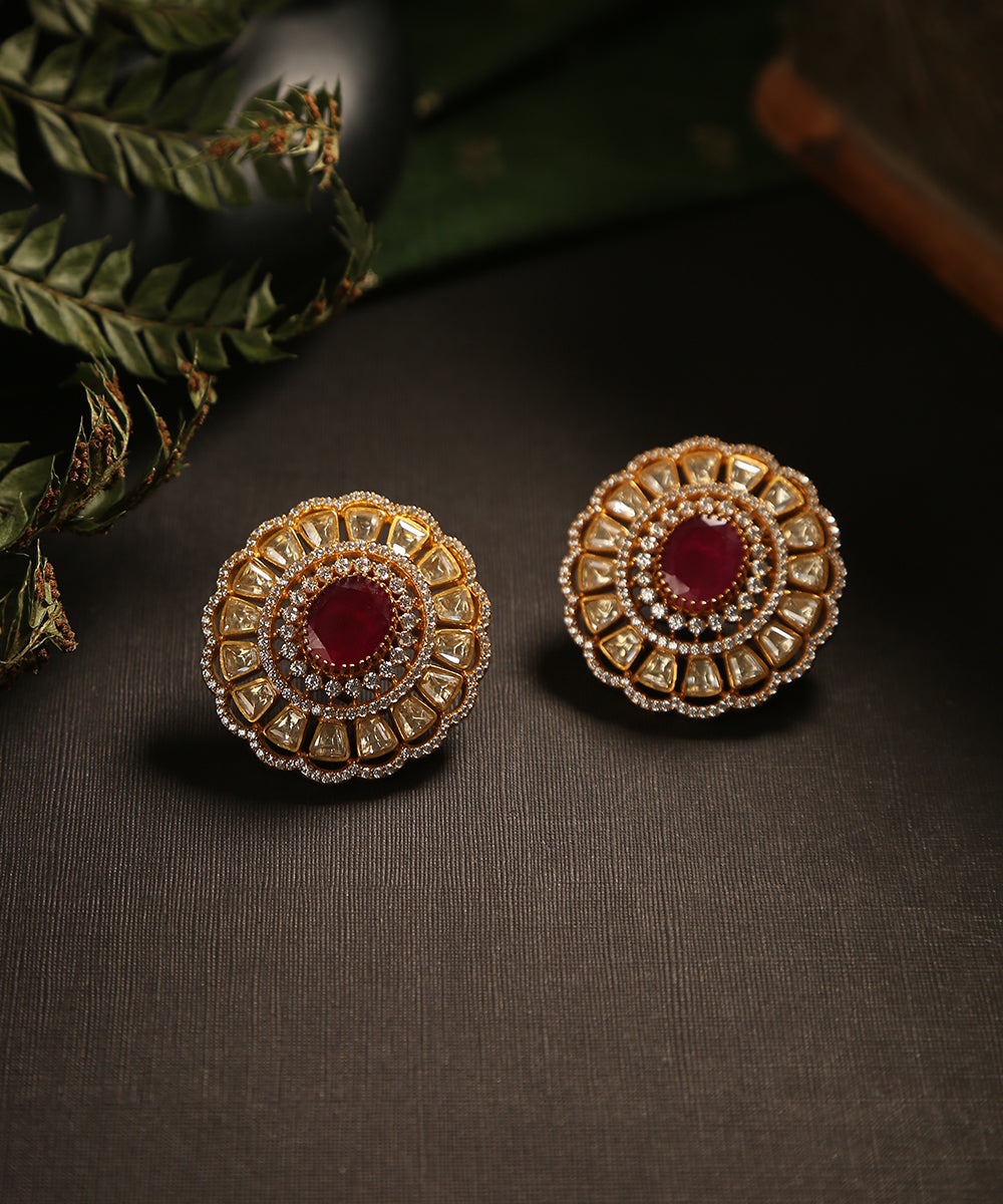 Balqis_Handcrafted_Floral_Studs_With_Moissanite_Polk_And_Maroon_Stone_WeaverStory_01