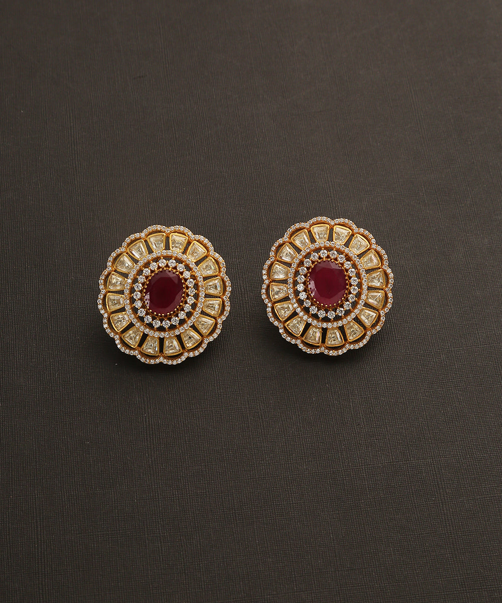 Balqis_Handcrafted_Floral_Studs_With_Moissanite_Polk_And_Maroon_Stone_WeaverStory_02