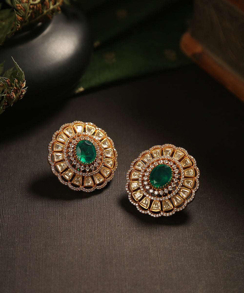 Aadhil_Handcrafted_Floral_Studs_With_Moissanite_Polk_And_Green_Stone_WeaverStory_01