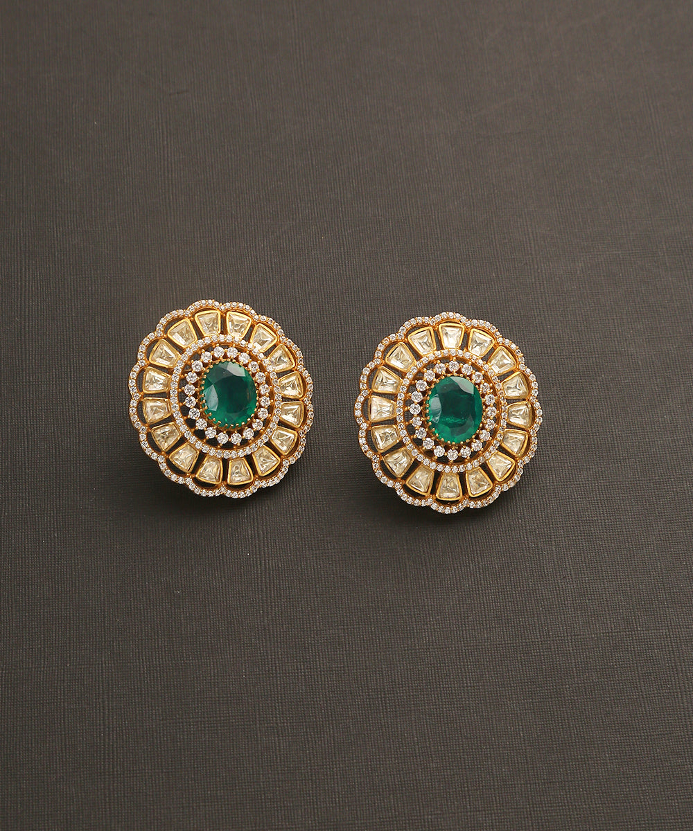 Aadhil_Handcrafted_Floral_Studs_With_Moissanite_Polk_And_Green_Stone_WeaverStory_02