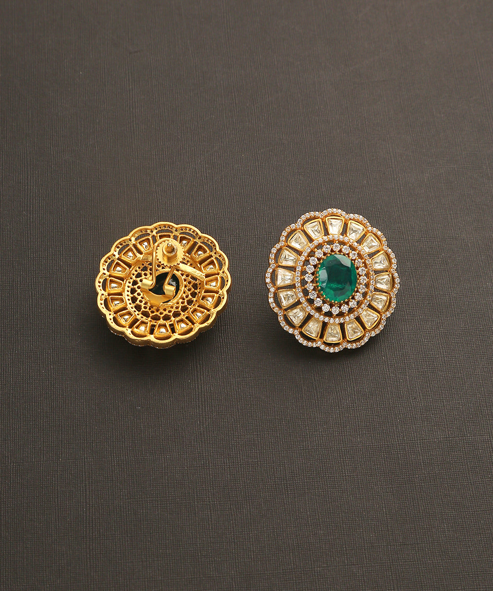 Aadhil_Handcrafted_Floral_Studs_With_Moissanite_Polk_And_Green_Stone_WeaverStory_03