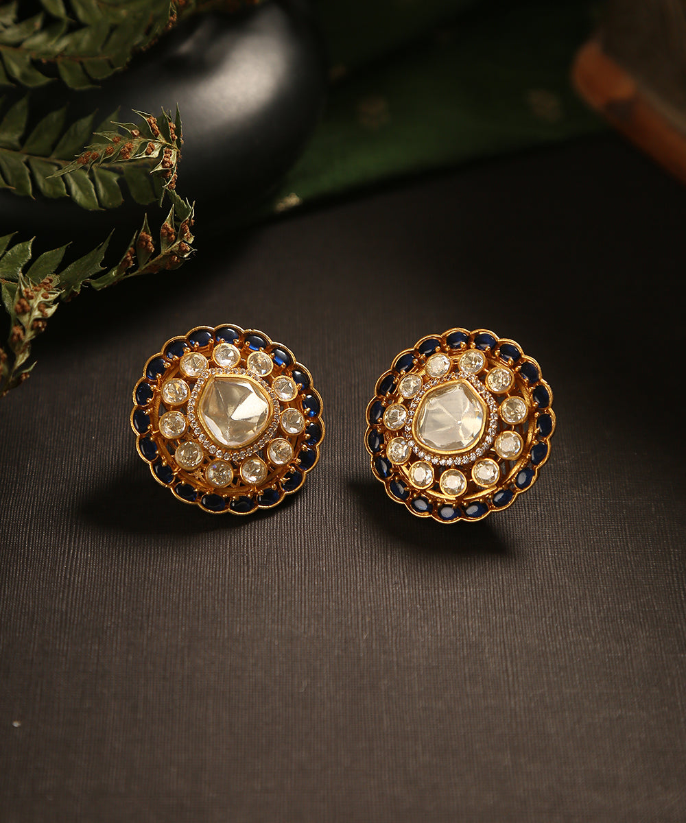 Aagha_Handcrafted_Earrings_With_Moissanite_Polki_And_Blue_Semi_Precious_Stones_WeaverStory_01