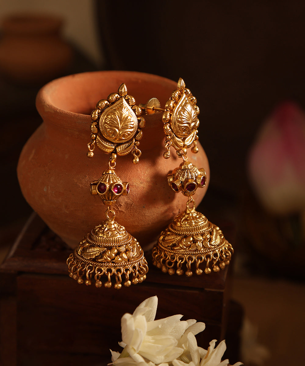 Otis_Handcrafted_Jhumkas_With_Pink_Stones_WeaverStory_01