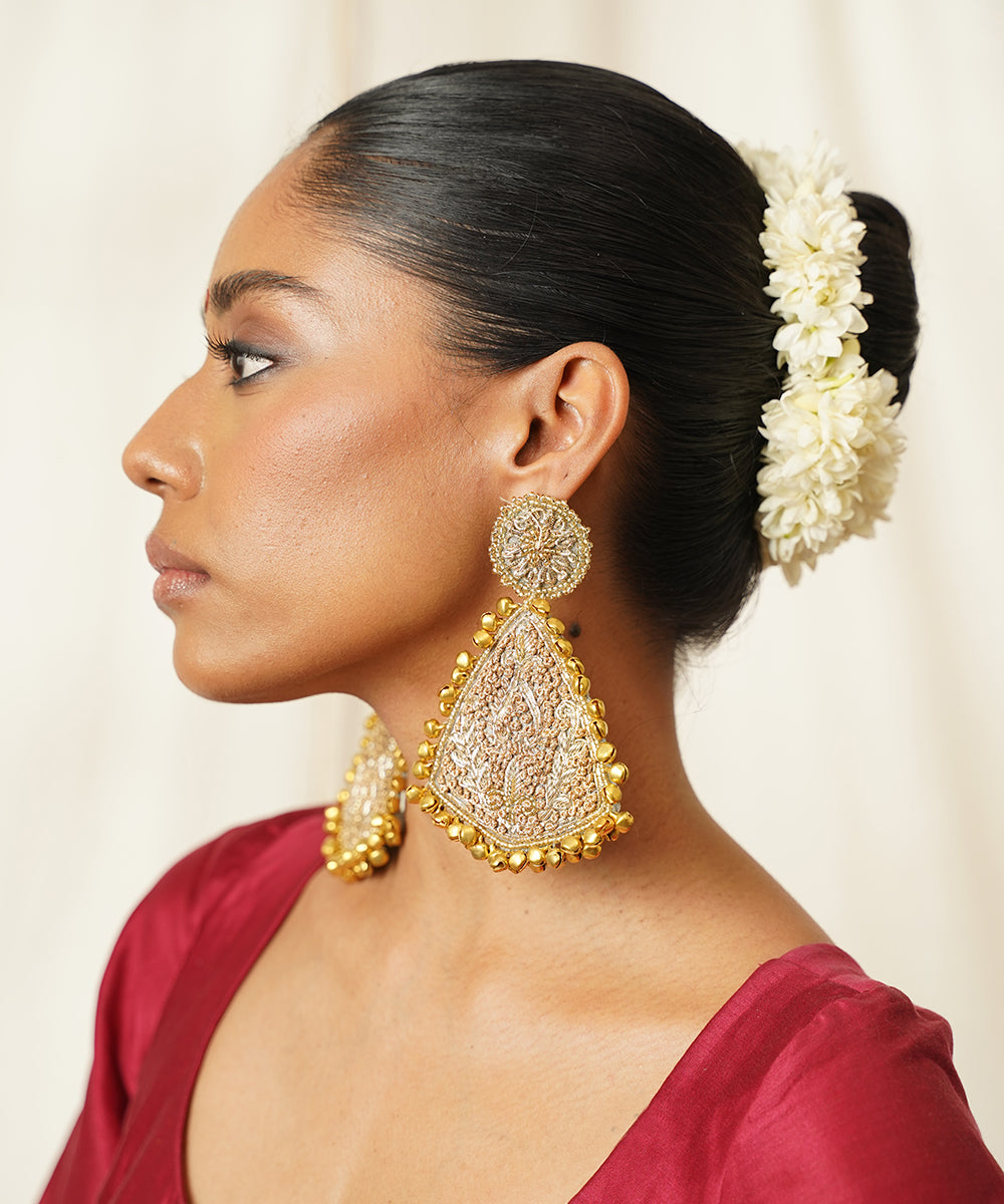 Gold_Triangular_Dangle_Earrings_With_Circular_Embroidered_Stud_WeaverStory_02