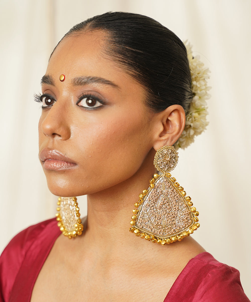 Gold_Triangular_Dangle_Earrings_With_Circular_Embroidered_Stud_WeaverStory_01