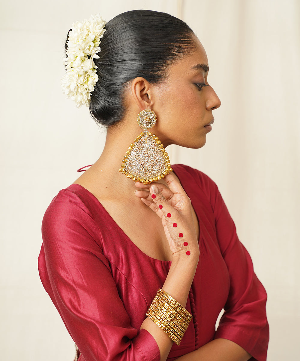 Gold_Triangular_Dangle_Earrings_With_Circular_Embroidered_Stud_WeaverStory_04