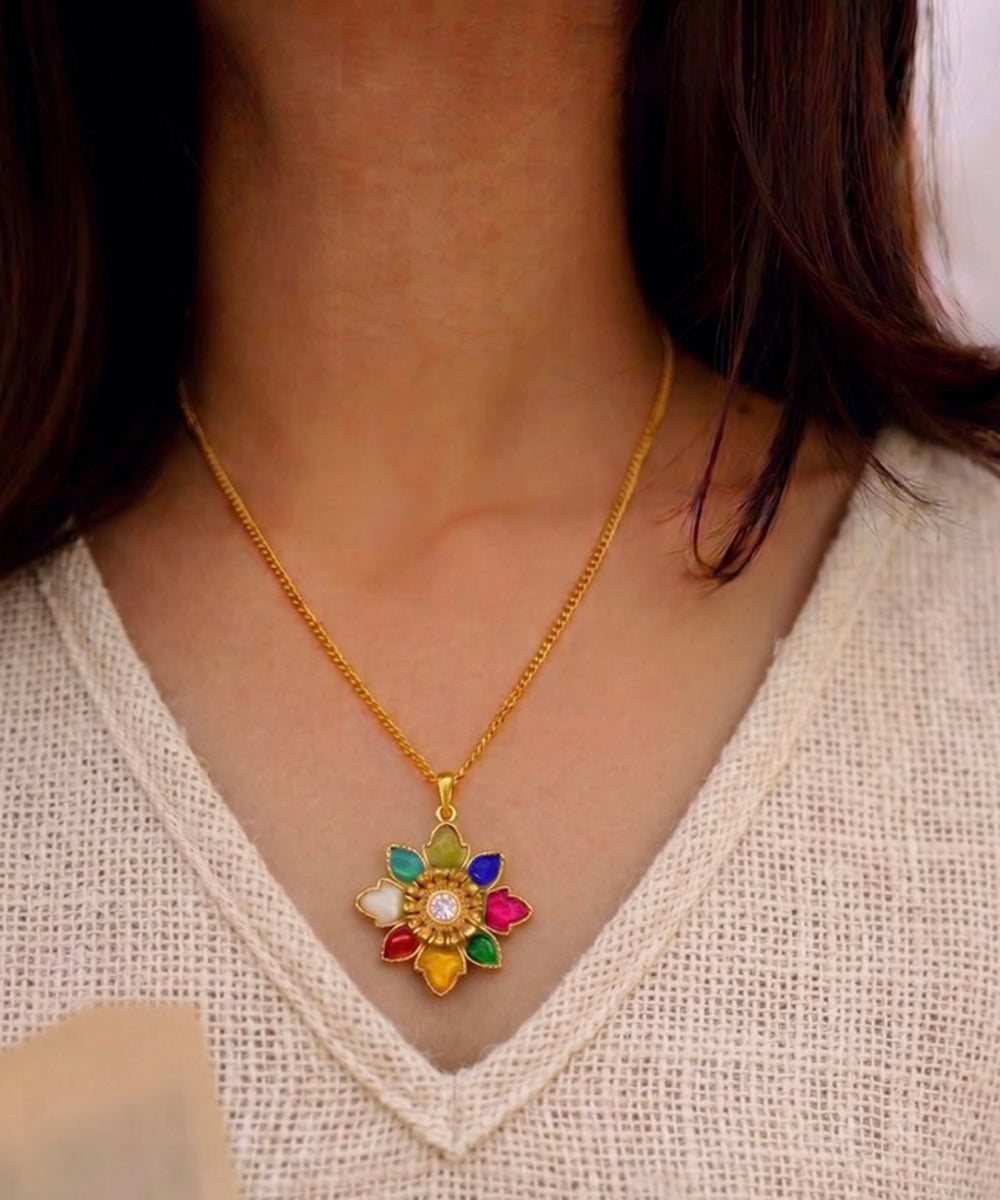 Rangrez Navratna Floral Pendant Necklace