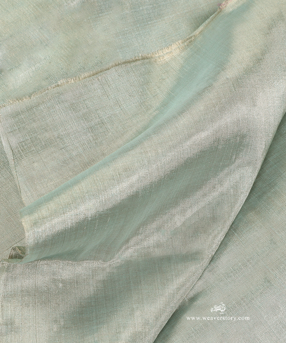 Silver_And_Green_Handloom_Plain_Pure_Tissue_Chanderi_Fabric_WeaverStory_05