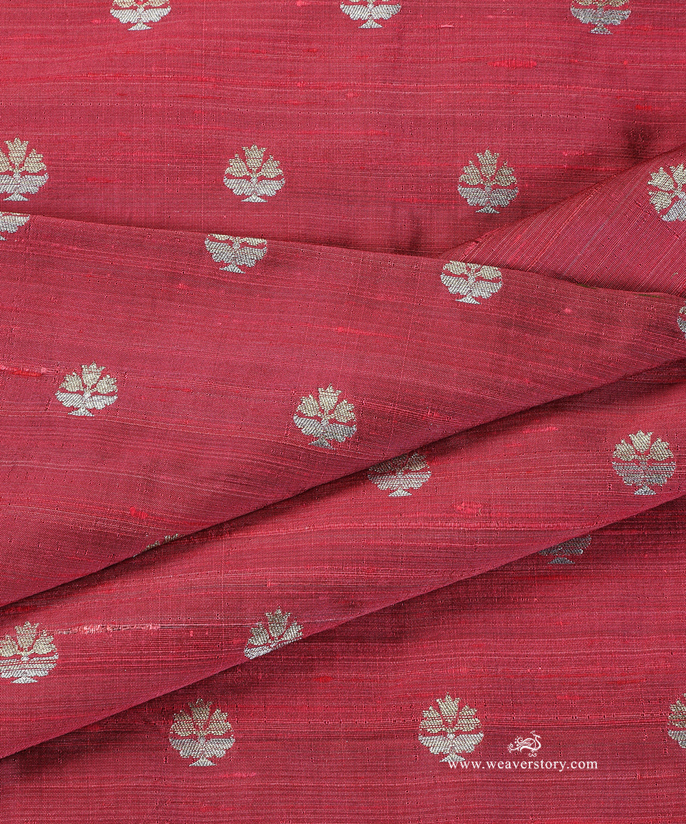 Wine_Handloom_Pure_Tussar_Silk_Banarasi_Fabric_With_Zari_Booti_WeaverStory_04