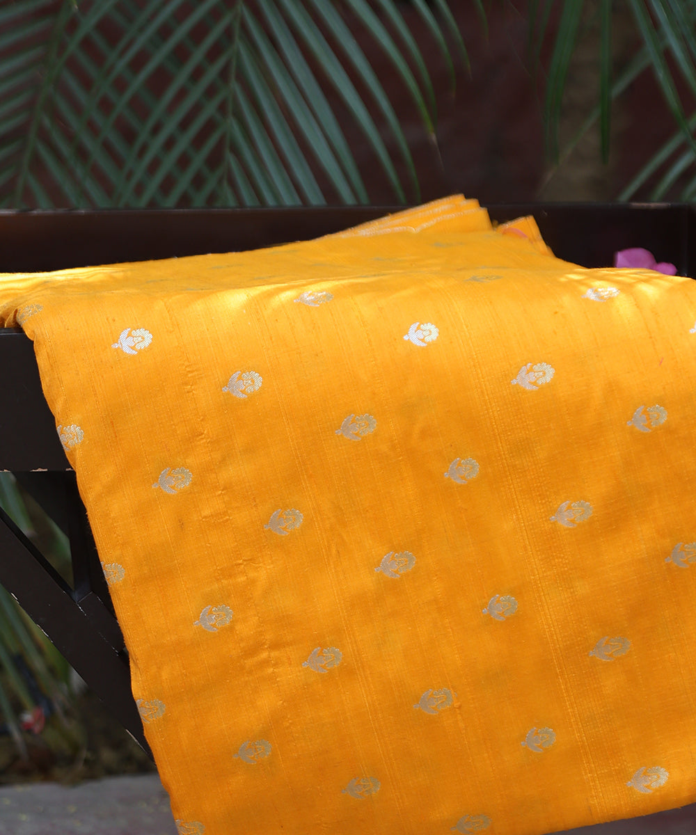 Yellow_Handloom_Pure_Tussar_Silk_Banarasi_Fabric_With_Zari_Booti_WeaverStory_01
