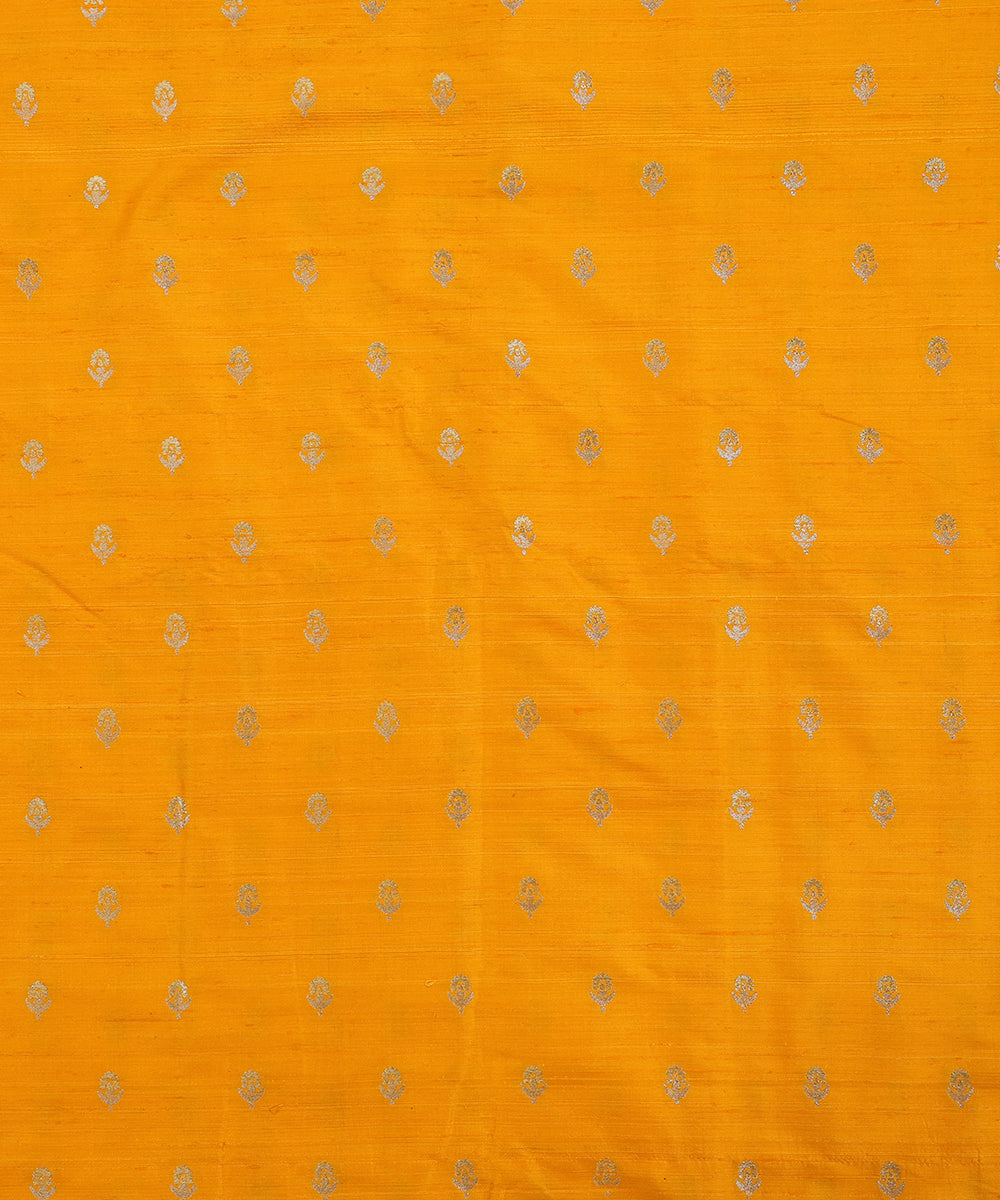 Yellow_Handloom_Pure_Tussar_Silk_Banarasi_Fabric_With_Zari_Booti_WeaverStory_02