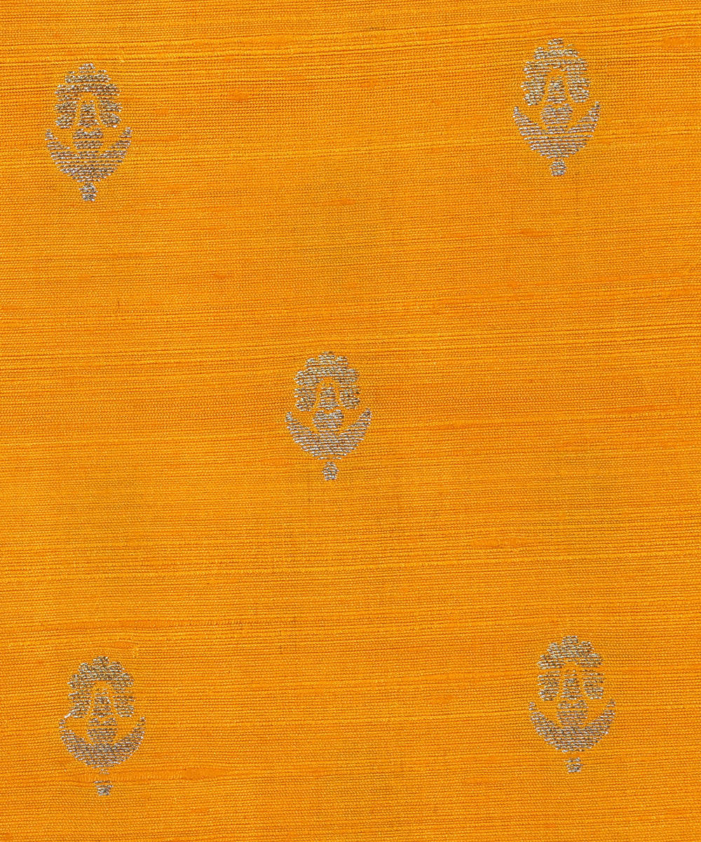 Yellow_Handloom_Pure_Tussar_Silk_Banarasi_Fabric_With_Zari_Booti_WeaverStory_03