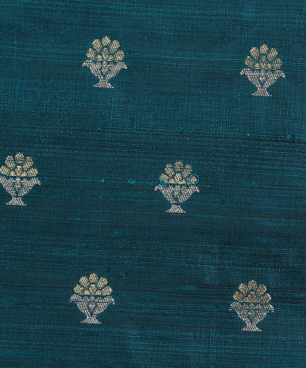 Teal_Blue_Handloom_Pure_Banarasi_Pure_Tussar_Silk_Banarasi_Fabric_With_Gold_And_Silver_Zari_Booti_WeaverStory_03