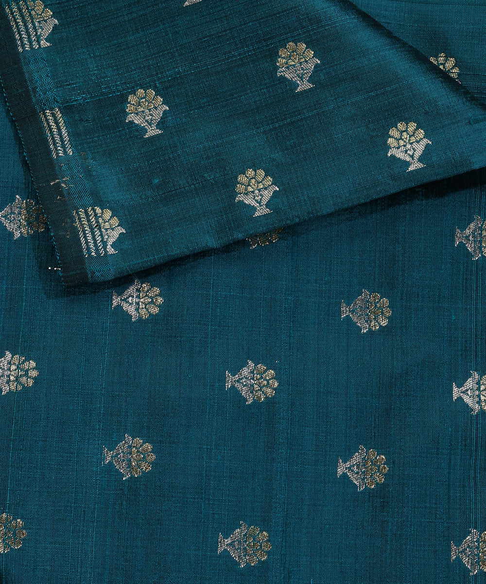 Teal_Blue_Handloom_Pure_Banarasi_Pure_Tussar_Silk_Banarasi_Fabric_With_Gold_And_Silver_Zari_Booti_WeaverStory_04