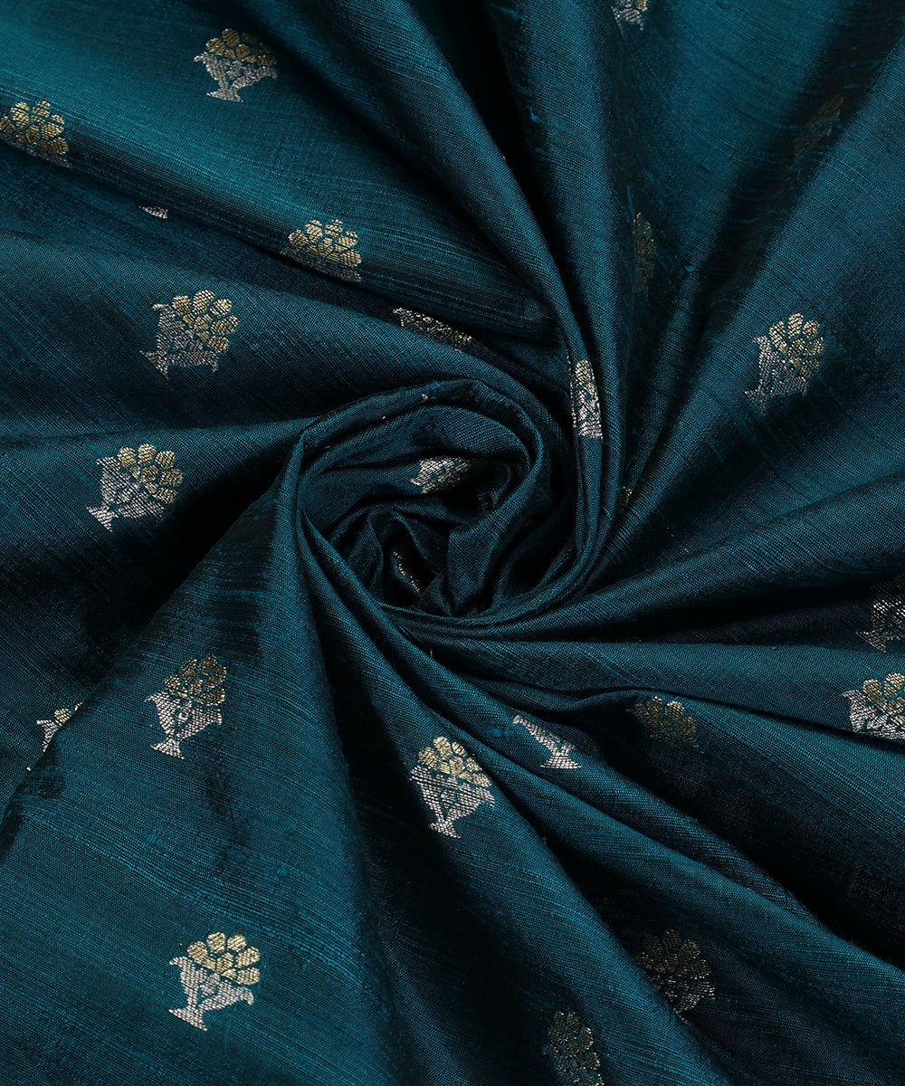 Teal_Blue_Handloom_Pure_Banarasi_Pure_Tussar_Silk_Banarasi_Fabric_With_Gold_And_Silver_Zari_Booti_WeaverStory_05