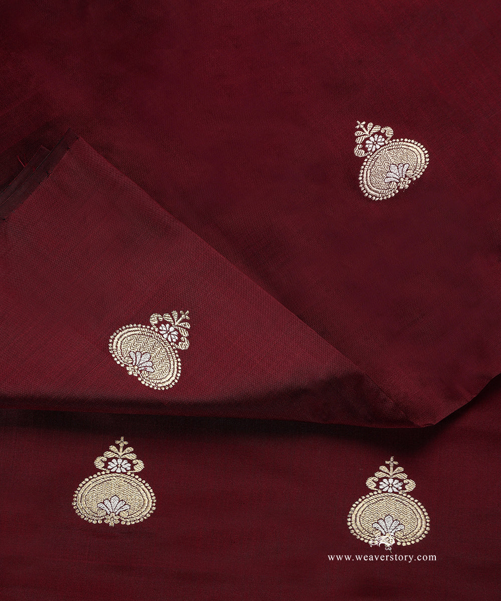 Wine_Handloom_Pure_Katan_Silk_Banarasi_Fabric_With_Sona_Rupa_Zari_Boota_WeaverStory_04