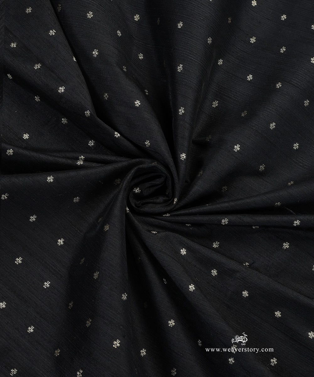 Black_Handloom_Pure_Raw_Silk_Banarasi_Fabric_With_Small_Zari_Booti_WeaverStory_05