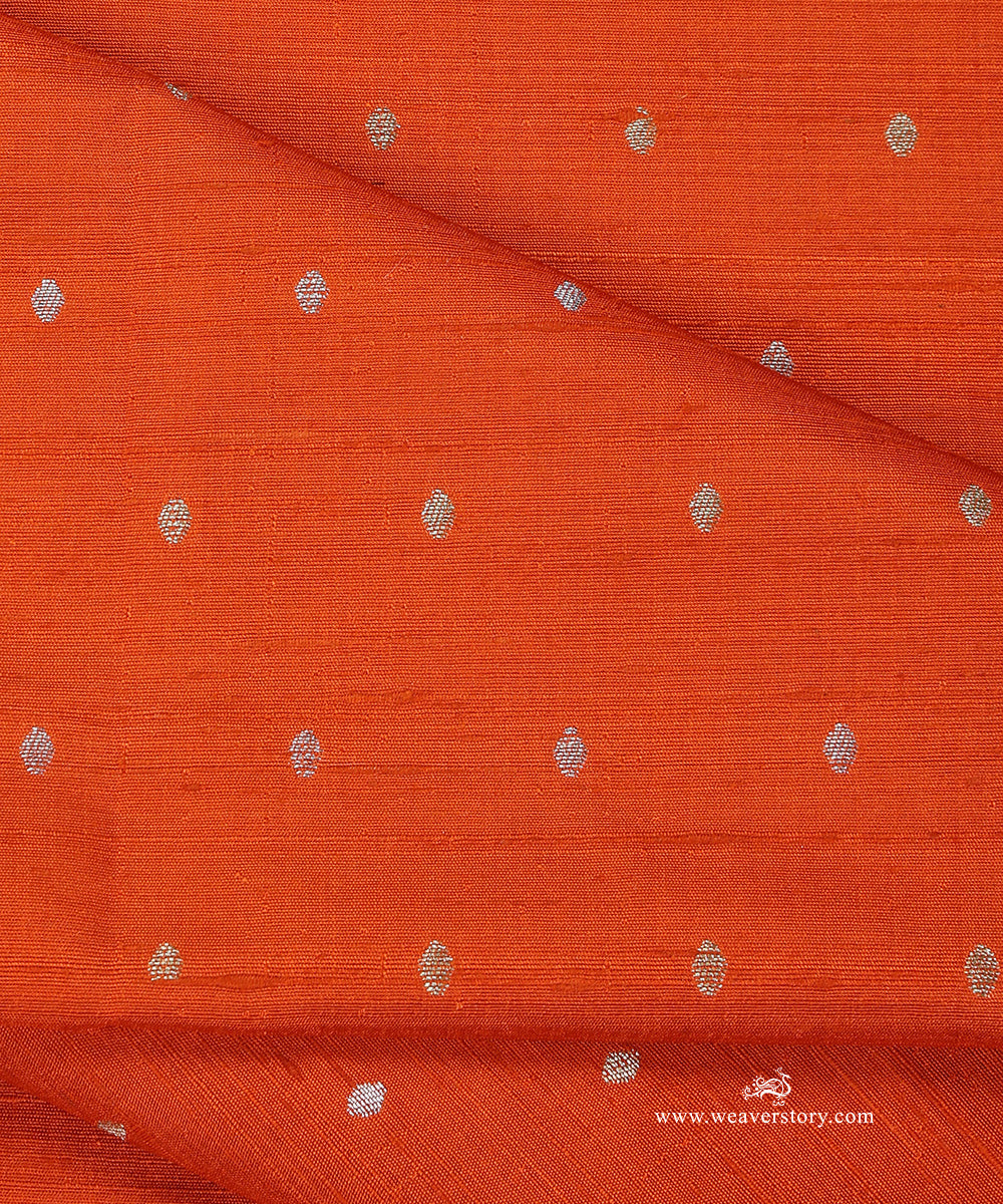 Orange_Handloom_Pure_Raw_Silk_Banarasi_Fabric_With_Small_Zari_Booti_WeaverStory_04