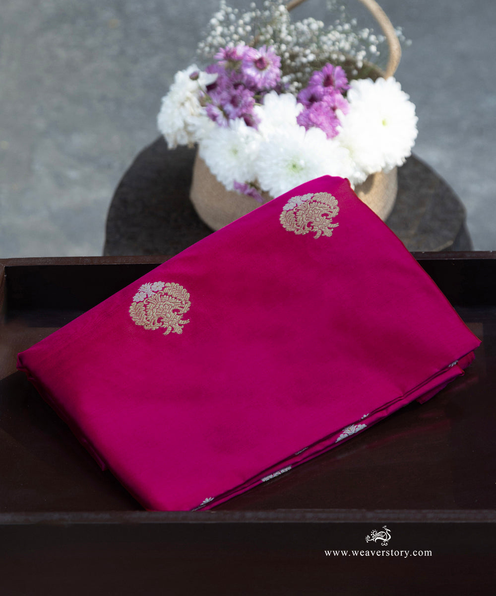 Handloom_Hot_Pink_Pure_Katan_Silk_Kadhwa_Banarasi_Fabric_With_Gold_And_Silver_Booti_WeaverStory_01