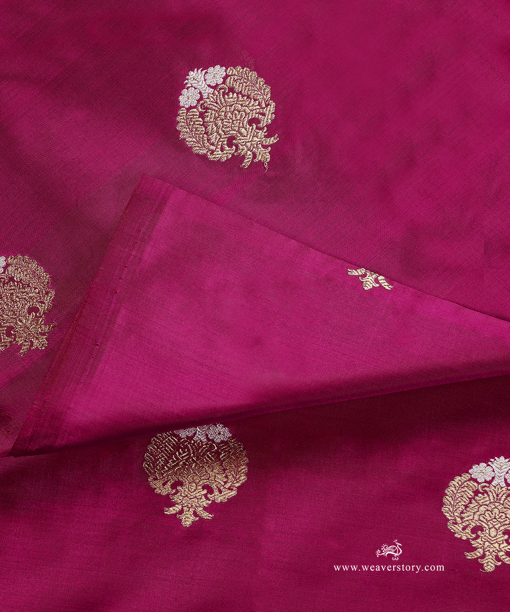 Handloom_Hot_Pink_Pure_Katan_Silk_Kadhwa_Banarasi_Fabric_With_Gold_And_Silver_Booti_WeaverStory_04