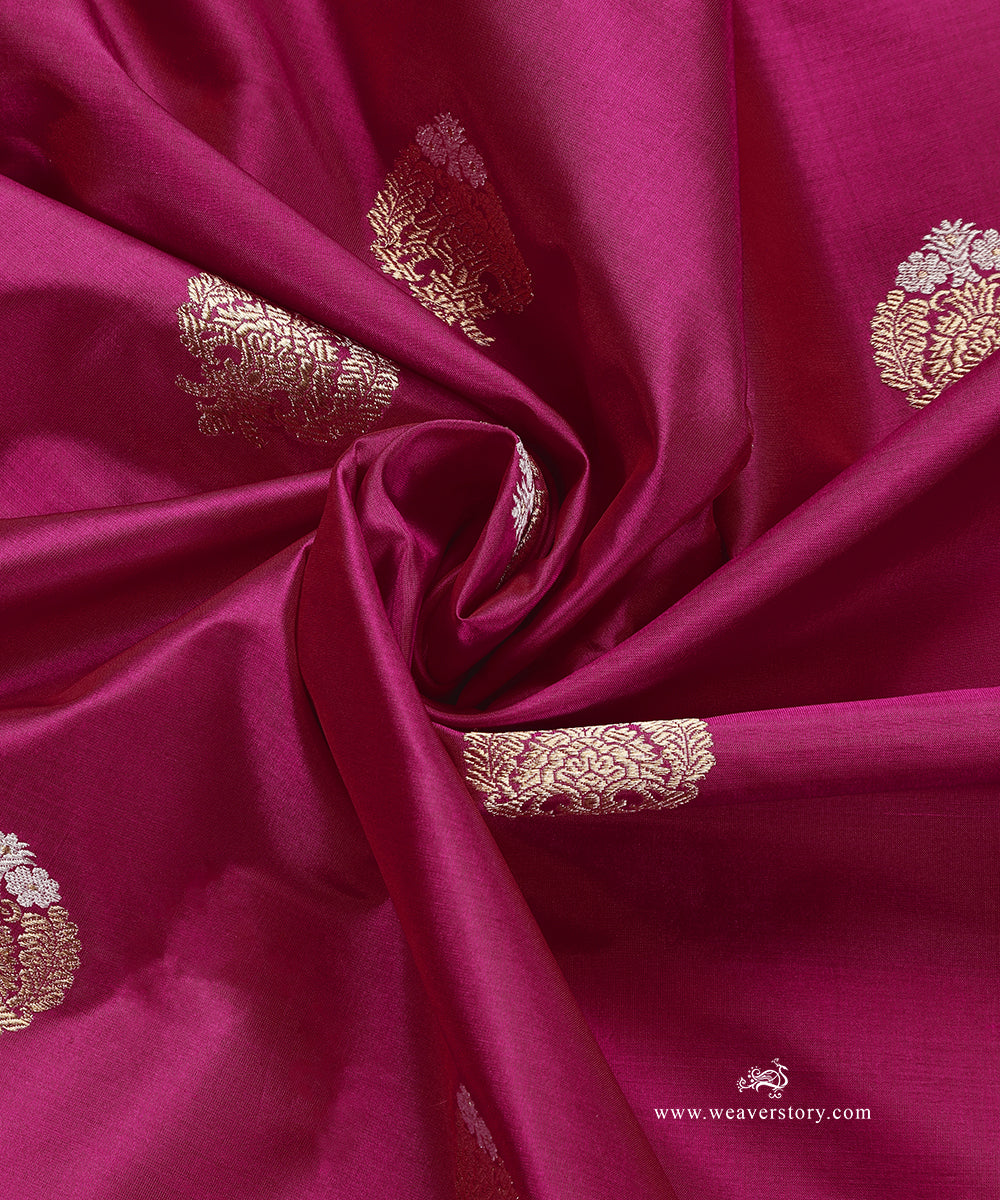 Handloom_Hot_Pink_Pure_Katan_Silk_Kadhwa_Banarasi_Fabric_With_Gold_And_Silver_Booti_WeaverStory_05