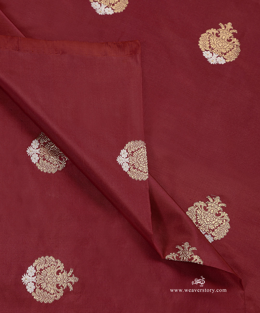 Handloom Rosewood Pink Katan Silk Kadhwa Gold And Silver Booti Fabric