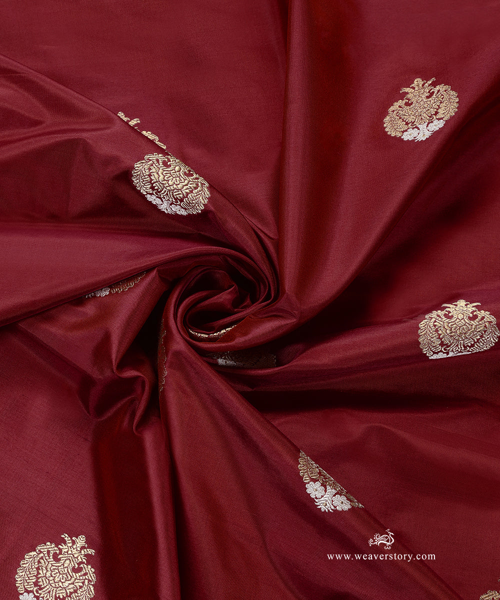 Handloom Rosewood Pink Katan Silk Kadhwa Gold And Silver Booti Fabric