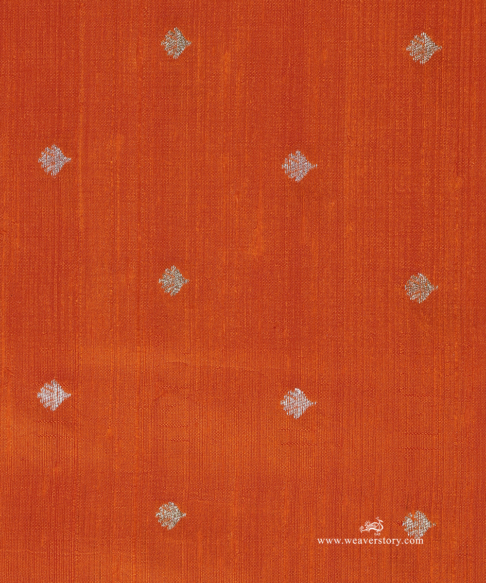 Orange_Handloom_Pure_Tussar_Silk_Banarasi_Fabric_With_Sona_Rupa_Zari_Cutwork_Booti_WeaverStory_03