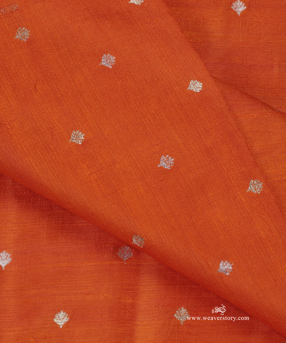 Orange_Handloom_Pure_Tussar_Silk_Banarasi_Fabric_With_Sona_Rupa_Zari_Cutwork_Booti_WeaverStory_04