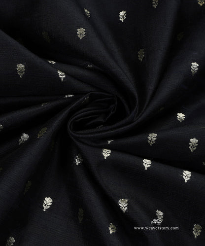 Handloom_Black_Pure_Tussar_Silk_Banarasi_Fabric_With_Sona_Rupa_Cutwork_Zari_Booti_WeaverStory_05