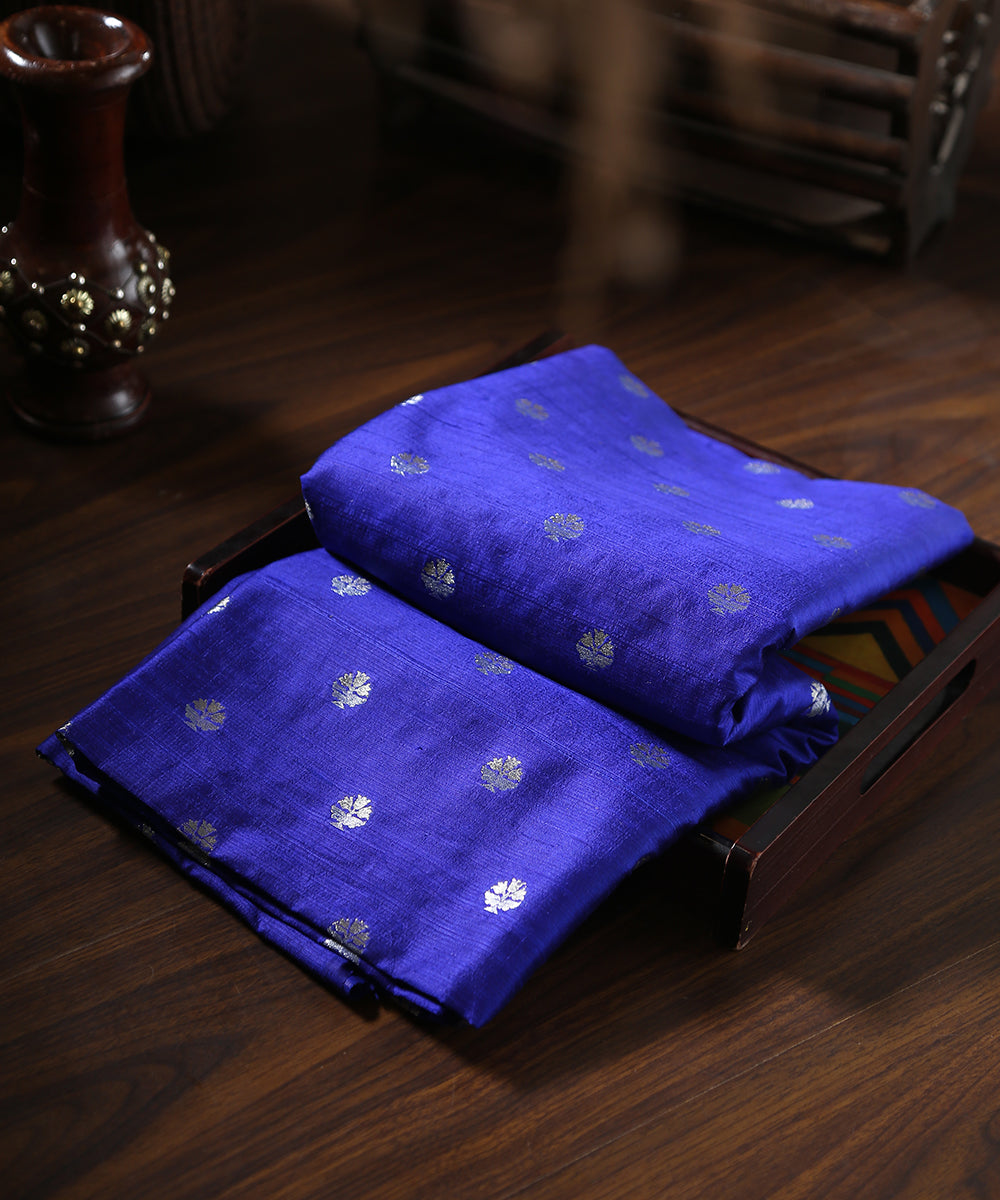 Blue Handloom Pure Tussar Silk Banarasi Fabric With Sona Rupa Zari Booti