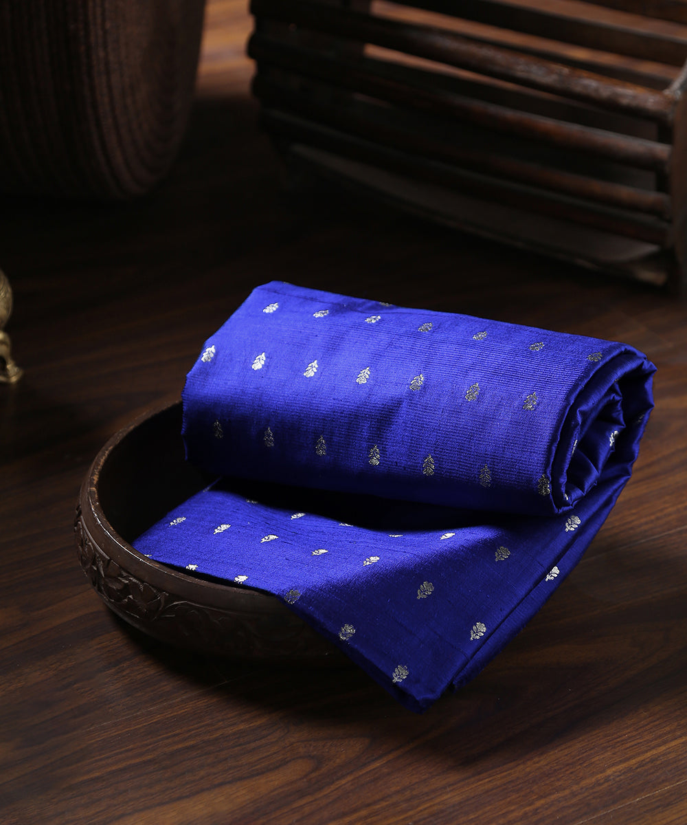 Handloom Blue Pure Tussar Silk Banarasi Fabric With Sona Rupa Zari Booti
