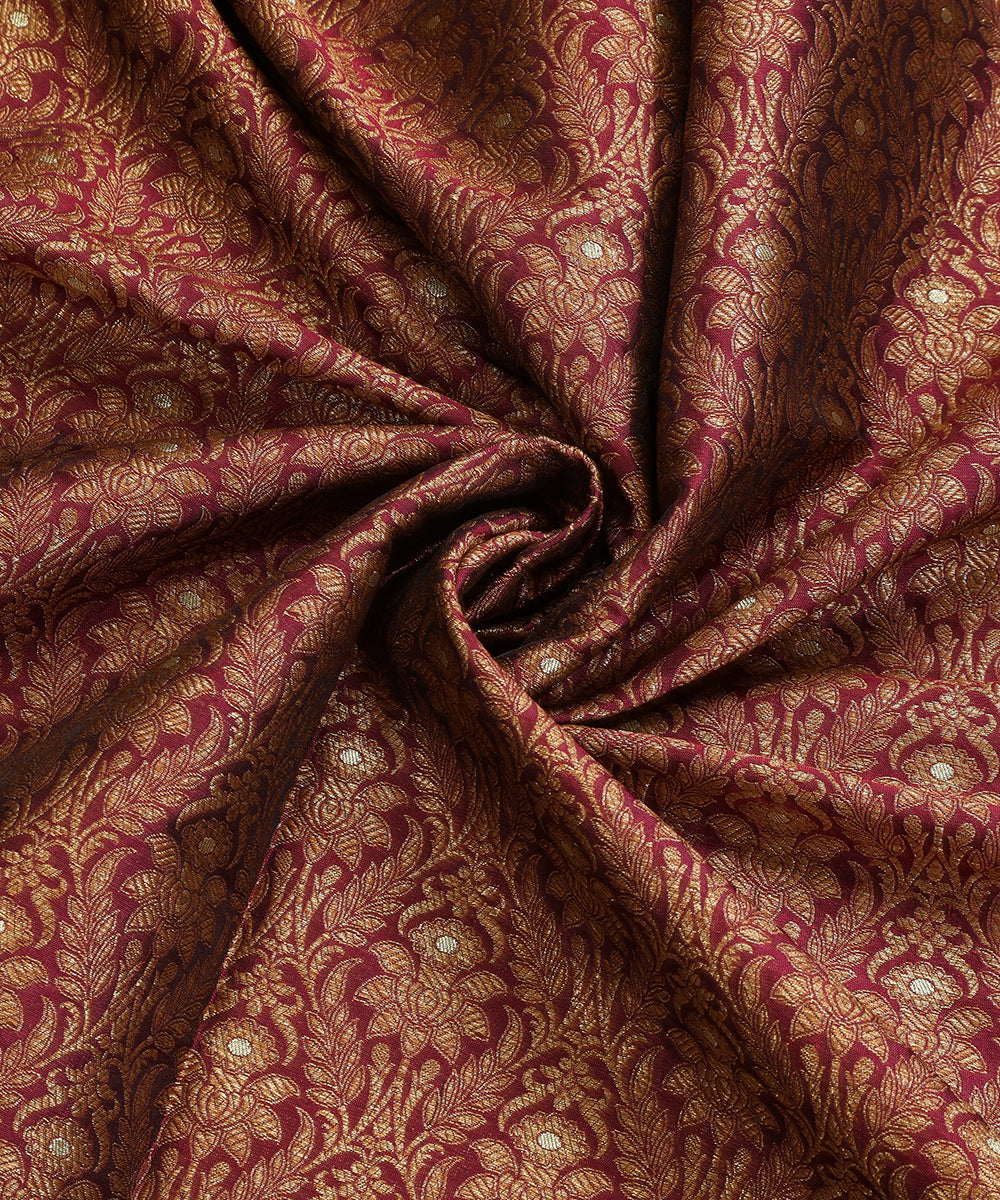 Wine_Handloom_Pure_Katan_Silk_Kimkhab_Banarasi_Fabric_In_Antique_Zari_With_Mughal_Motifs_WeaverStory_05