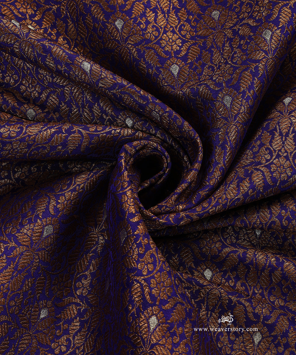 Purple_Handloom_Pure_Katan_Silk_Kimkhab_Banarasi_Fabric_In_Antique_Zari_With_Silver_Meenakari_And_Floral_Motifs_WeaverStory_05