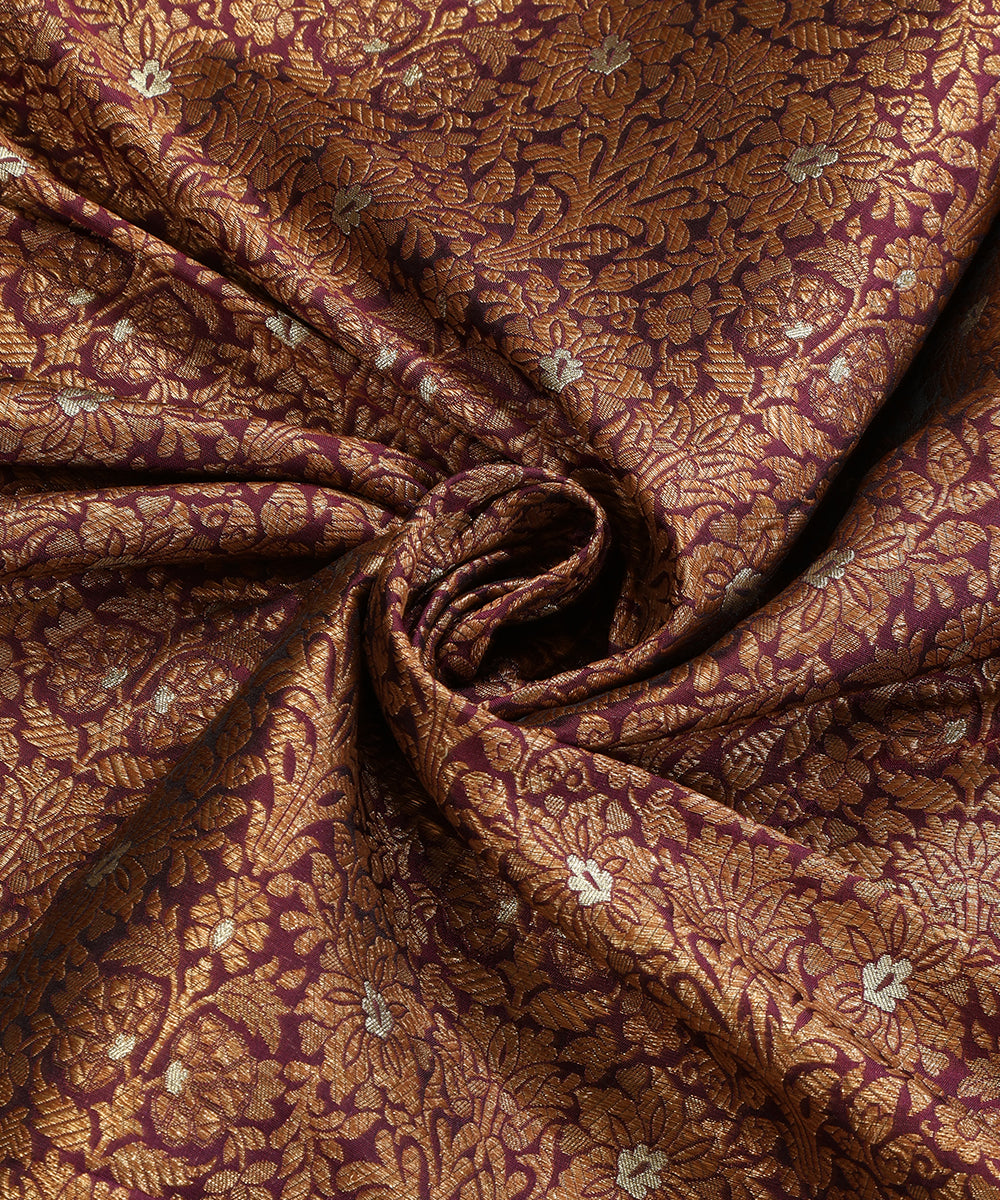 Wine_Handloom_Pure_Katan_Silk_Kimkhab_Banarasi_Fabric_In_Antique_Zari_With_Silver_Meenakari_And_Floral_Motifs_WeaverStory_05