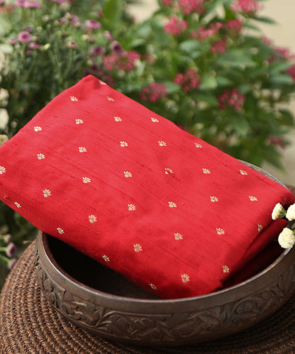 Handloom Red Pure Tussar Silk Banarasi Fabric With Cutwork Booti