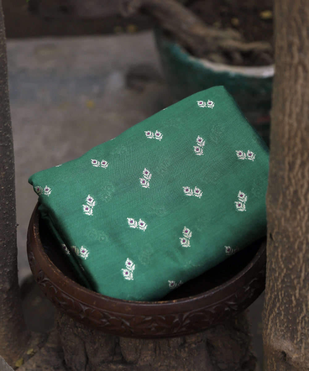 Handloom Green Pure Moonga Silk Banarasi Fabric With Cutwork Meena Booti