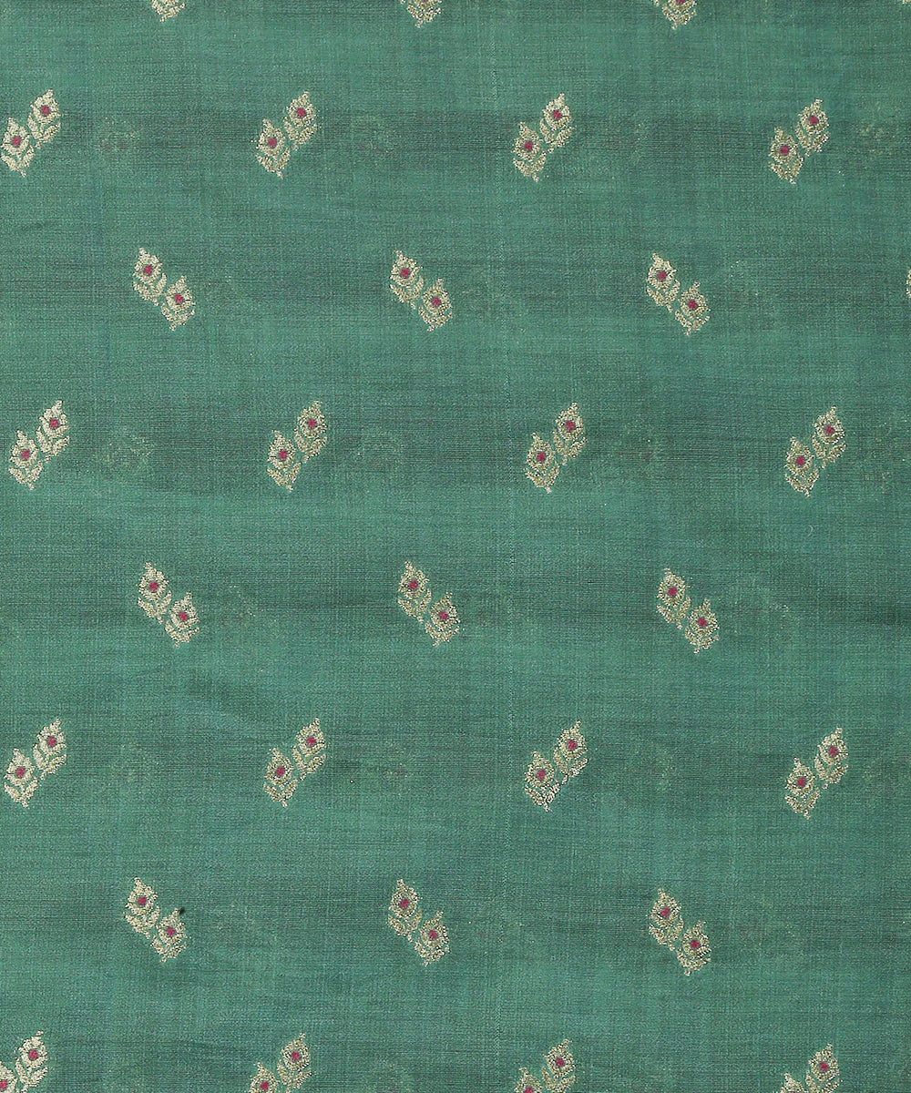 Handloom Green Pure Moonga Silk Banarasi Fabric With Cutwork With Meena Booti