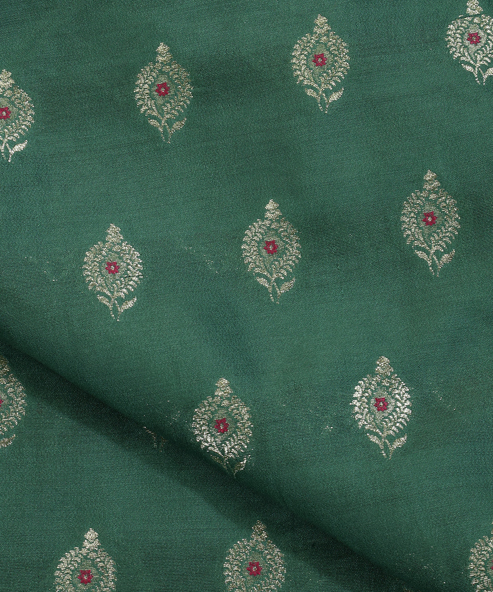 Handloom_Pastel_Dark_Green_Pure_Moonga_Silk_Banarasi_Fabric_With_Cutwork_Meena_Booti_WeaverStory_04